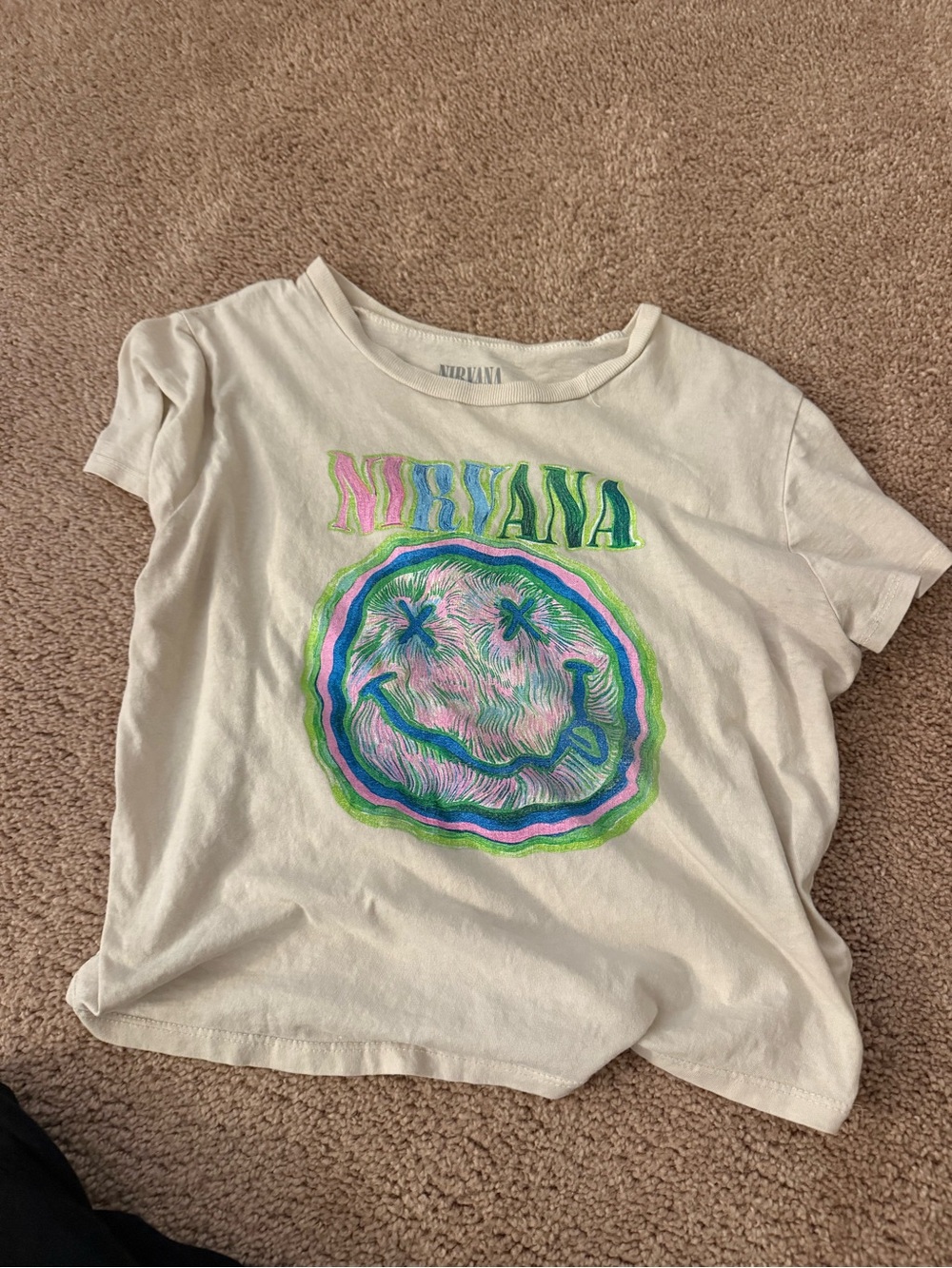 Nirvana White Graphic Tee with Neon Smiley Logo